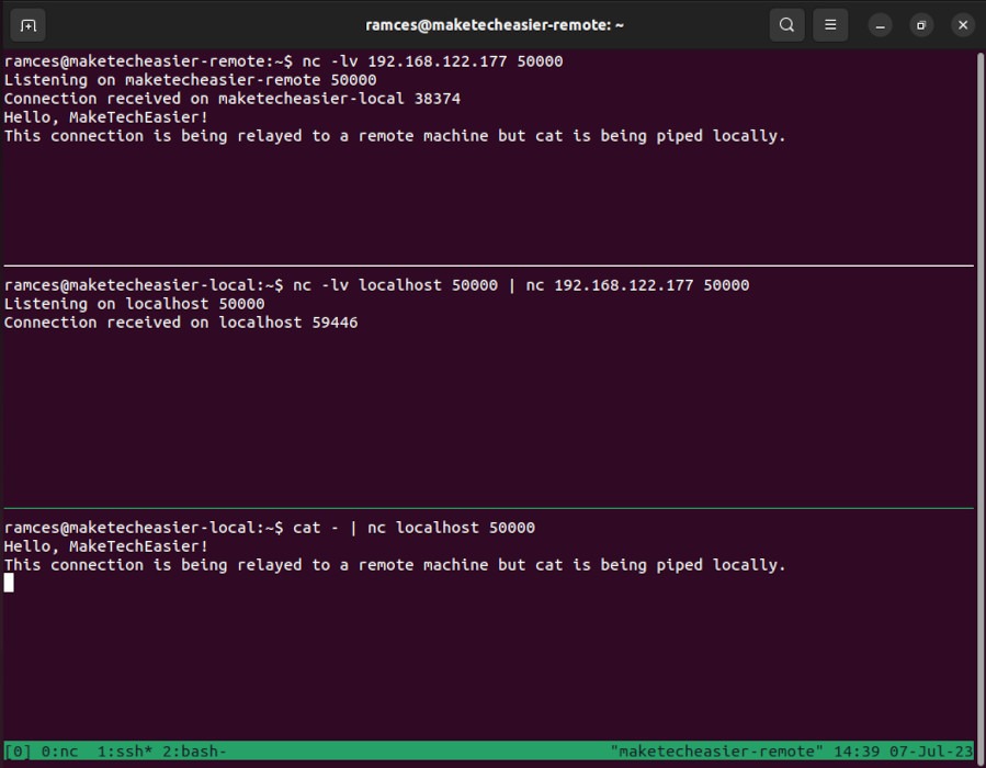 A terminal showing a basic packet relay between two hosts.