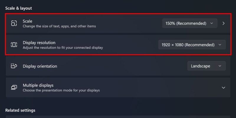 Setting recommended values for "Scale" and "Display resolution" in Windows Settings.