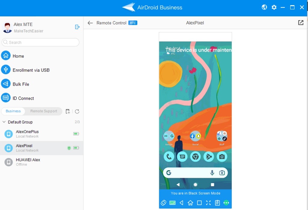 Black Screen Mode activated via AirDroid Business on desktop. 