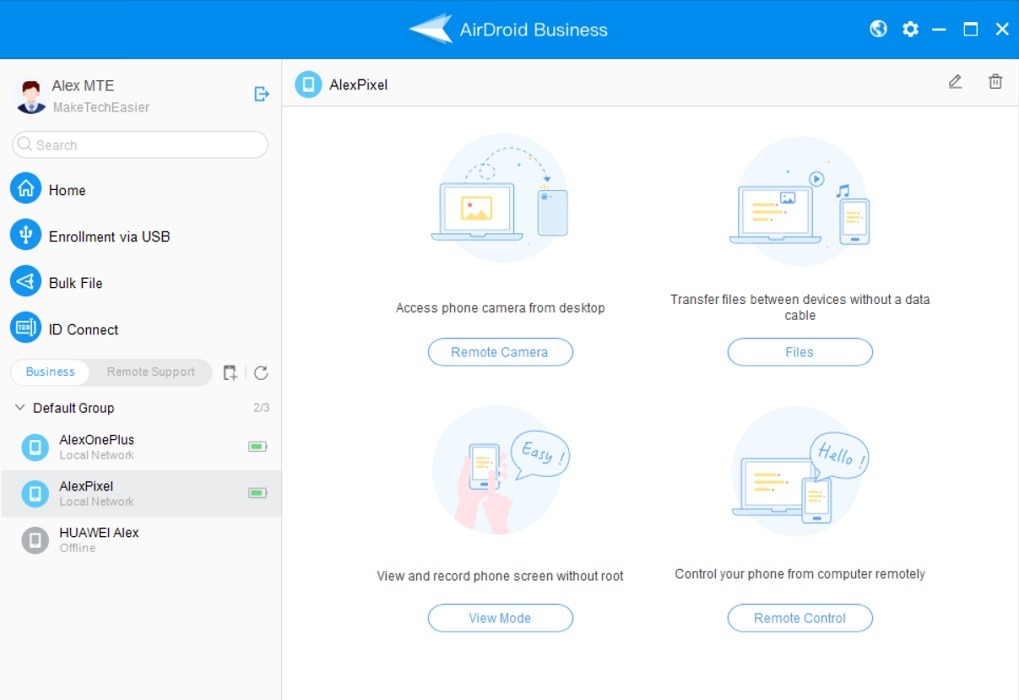 AirDroid Business desktop client view of "Remote operations."