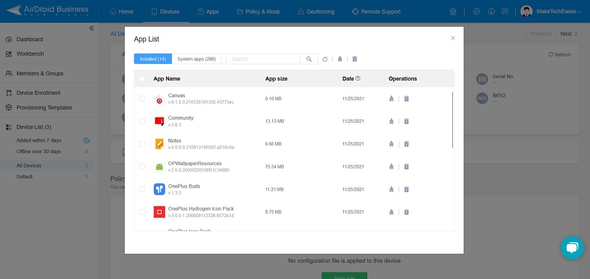 Installed apps on endpoint device as seen from the AirDroid Business web console. 