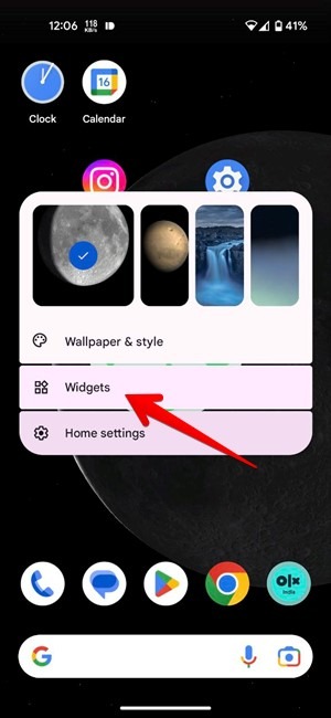 Clicking on the "Widgets" option on Android phone. 