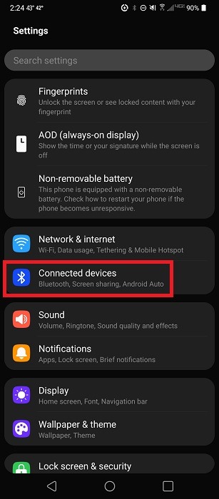 "Connected devices" section in Settings on Android.