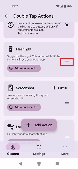 Moving "Flashlight" tile at the top of "Double Tap Actions" in Tap Tap app on Android.