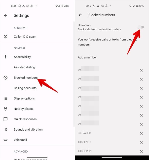 Toggle on the "Unknown" option under "Blocked numbers."