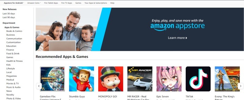 Screenshot of the Amazon App Store with recommended apps and games.