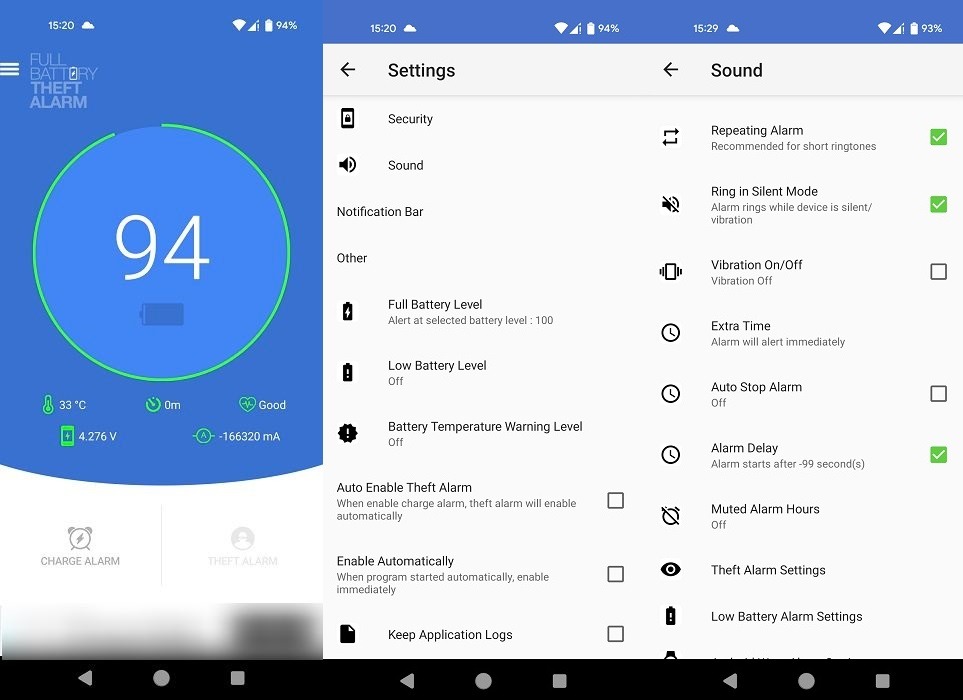 Full Battery & Theft Alarm app interface overview.