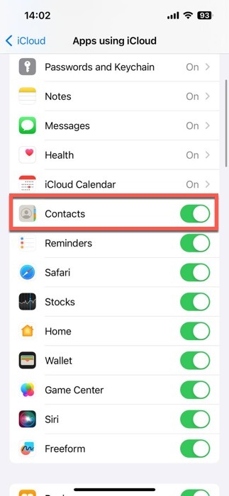 Apps Using Icloud Section With Contacts Highlighted