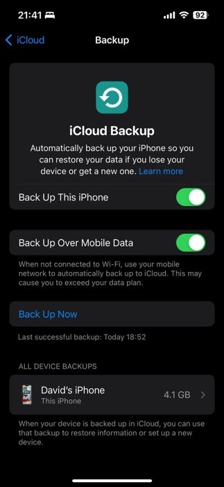 Backup Now Option Icloud Settings