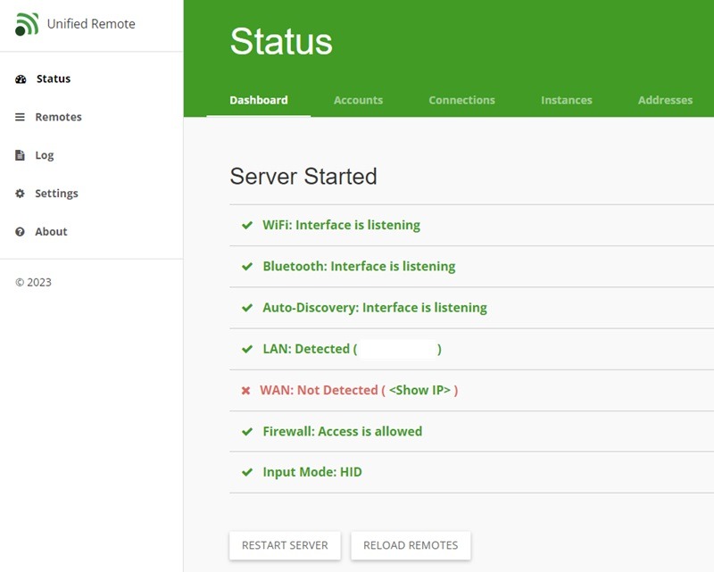 Unified Remote desktop app showing the current status of the Windows server.