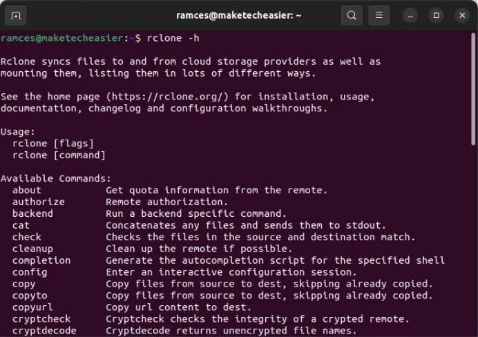 A terminal showing the help page for Rclone.