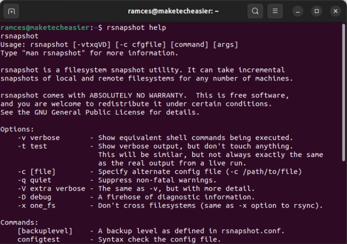 A terminal showing the help page for Rsnapshot.