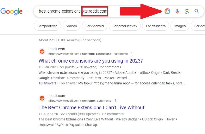 Searching Reddit by using Google using the Reddit Search for Google extension.