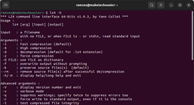 A terminal showing the help screen for LZ4.