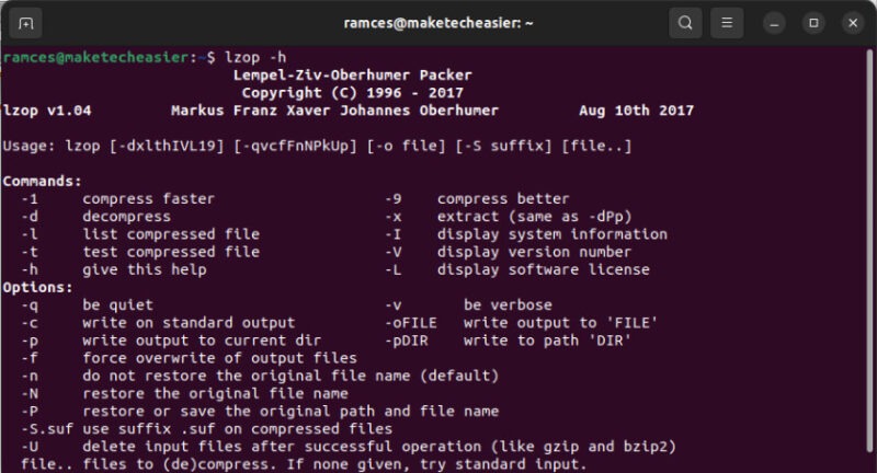 A terminal showing the help screen for lzop.