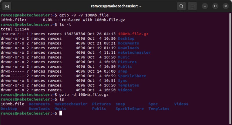 A terminal showing the gzip compressing and decompressing a file.