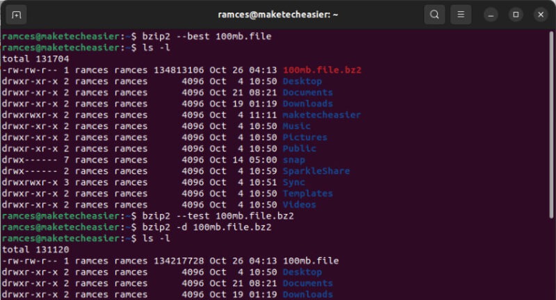 A terminal showing bzip2 compressing and decompressing a file.