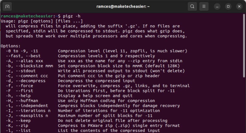 A terminal showing the help screen of pigz.