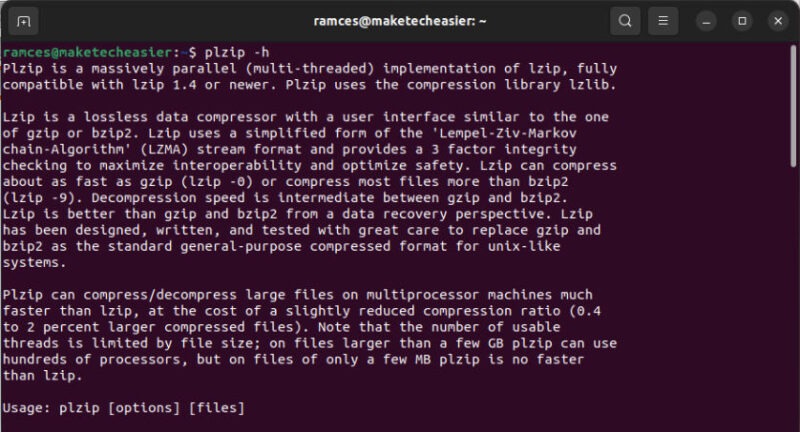 A terminal showing the help screen for plzip.