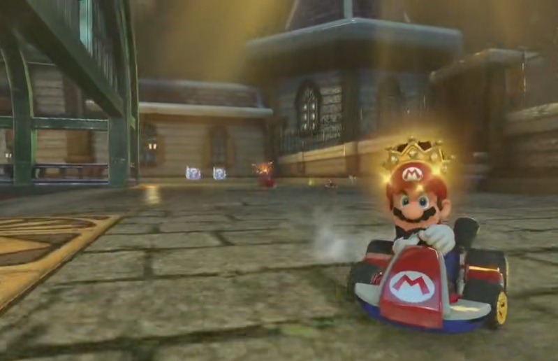 Mario Kart Deluxe 8 gameplay showing Mario racing.