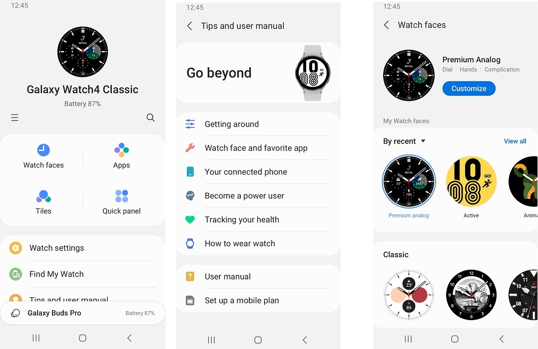 Samsung Galaxy Wearable app interface.