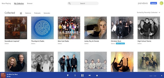 Pandora's main music player online.