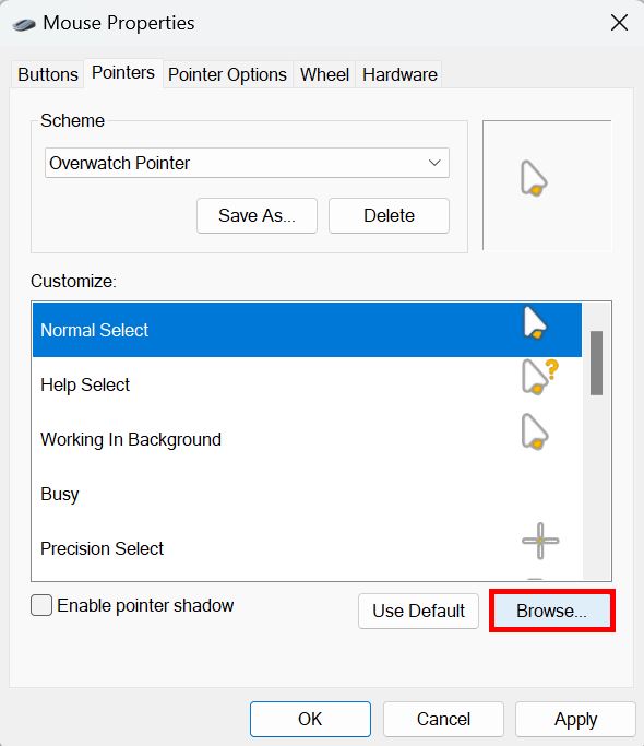 Browsing mouse cursor icons under custom scheme. 