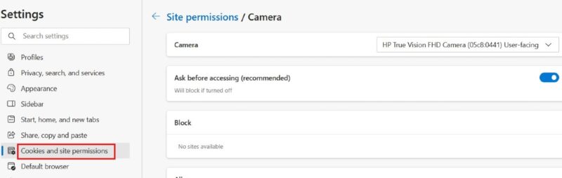 Enabling the "Ask before accessing" option under Camera in Edge Settings.