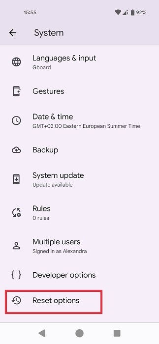 Tapping on "Reset options" in Android Settings.