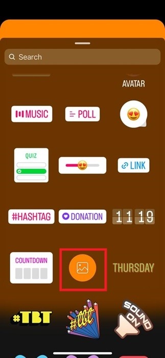 Selecting image-shaped icon from Instagram Stickers. 