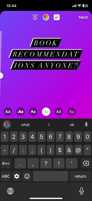 Adding text on Instagram story with gradient background.