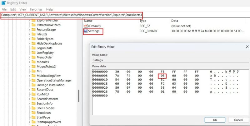 Editing Binary Value for key in Registry Editor.