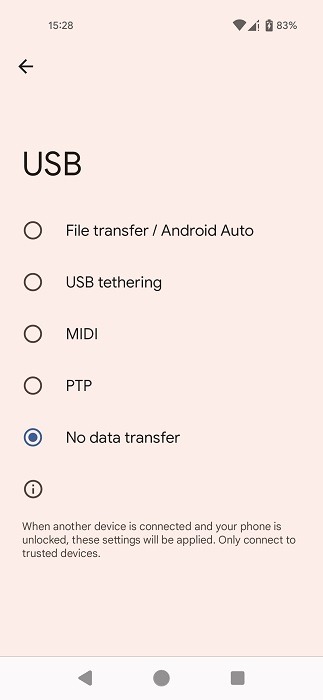 USB options under "Default USB configuration" in Developer options.