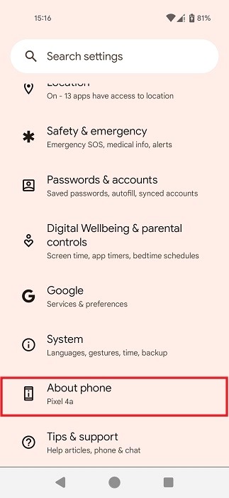 Navigating to "About phone" in Android Settings.