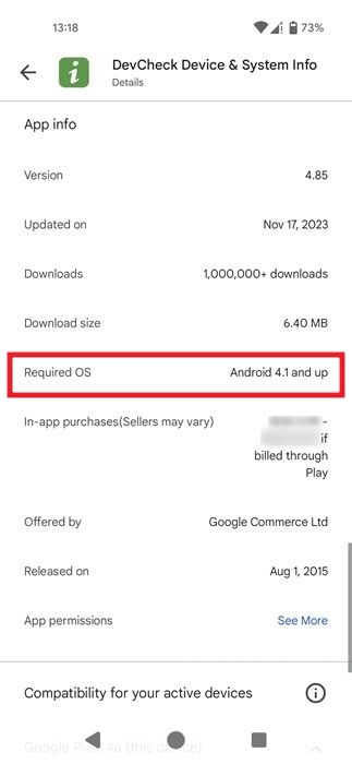 Checking "Required OS" field on "App info" page in Google Play Store.