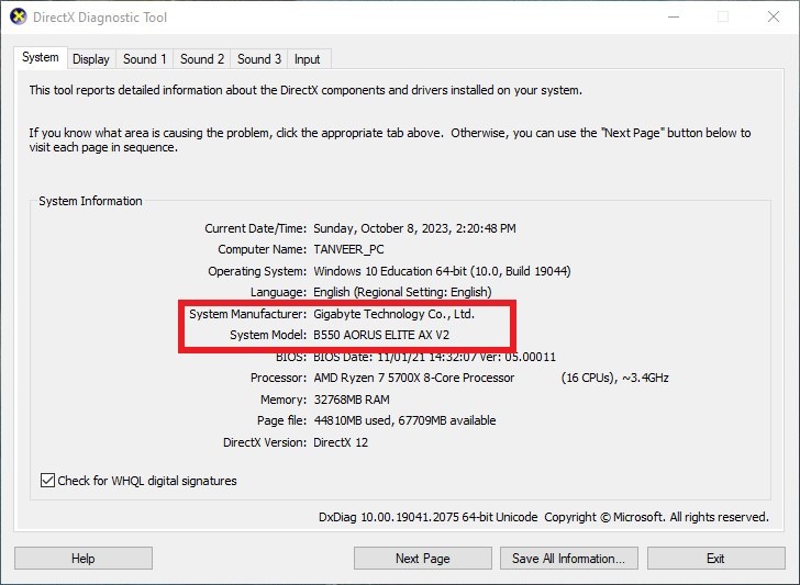 Checking motherboard information with DxDiag utility.