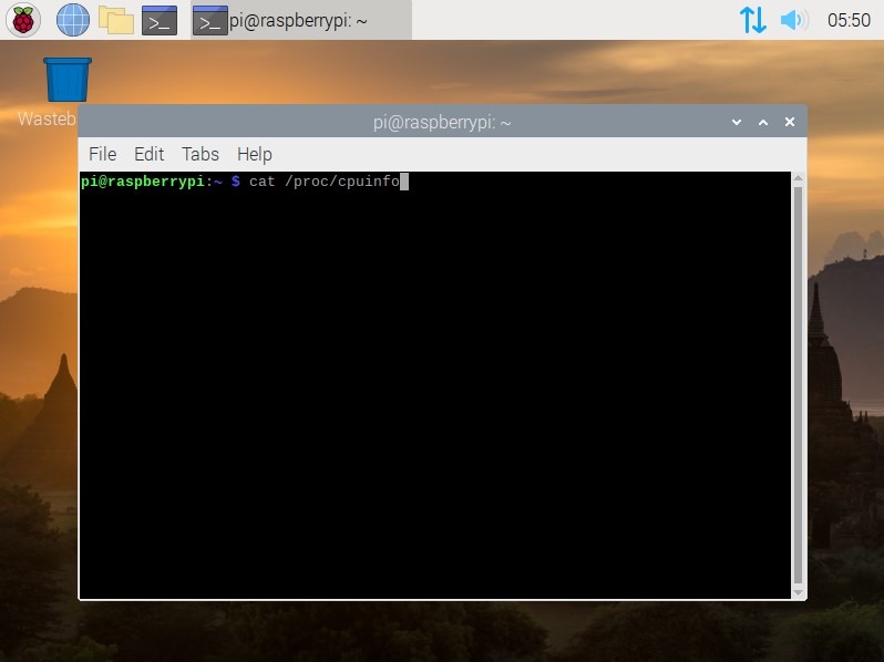 Raspberry Pi desktop screenshot showing a terminal window