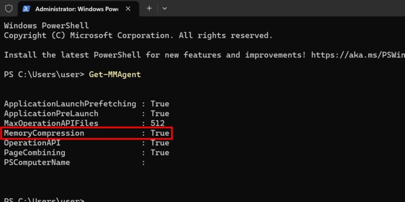 Checking the status of memory compression in Windows PowerShell