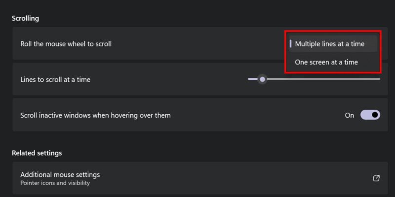 Choosing a scrolling mode in Windows.