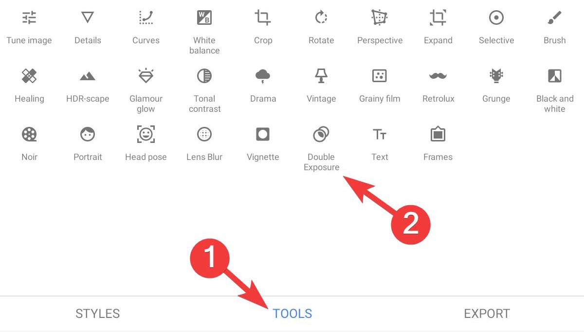 Choosing The Double Exposure Effect On Snapseed Tools