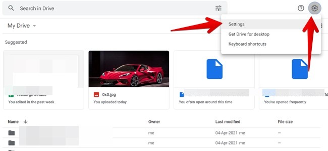 "Settings" option in Google Drive.