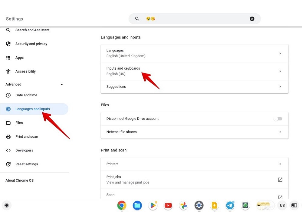 "Input and keyboards" option under "Language and inputs" in Settings on Chromebook. 
