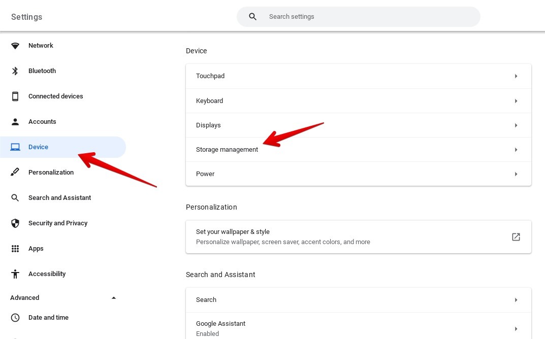 "Storage management" option in Chromebook Settings.