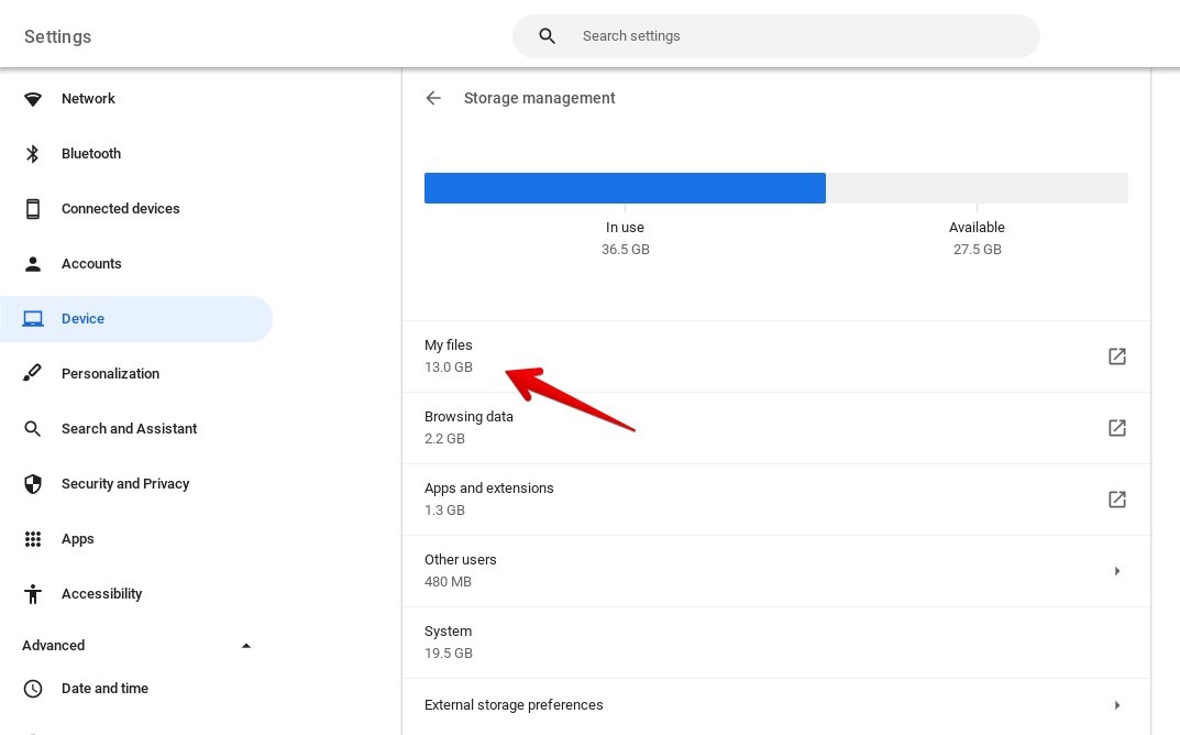 "My files" folder under "Storage management" in Chromebook Settings. 