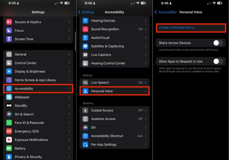 Step by step process of creating a Personal Voice on iPhone