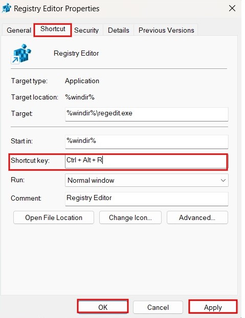 Creating new keyboard shortcut in Registry Editor Properties.