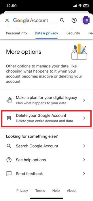 Tapping on "Delete your Google Account" button in Gmail iOS app. 