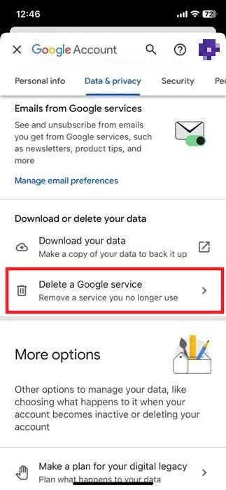 Tapping on "Delete a Google service" in Gmail iOS app. 
