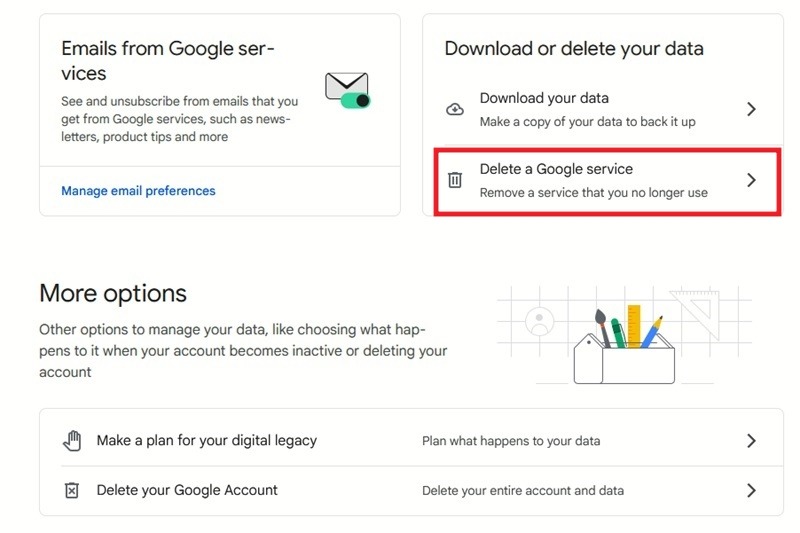 Clicking on "Delete a Google service" option under Google Account settings on the web.