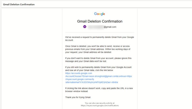 Gmail deletion confirmation email view.